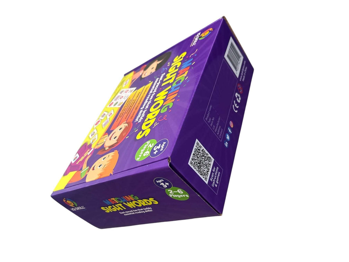 Sight Words Matching Game for Kids box design featuring colorful characters and fun graphics.