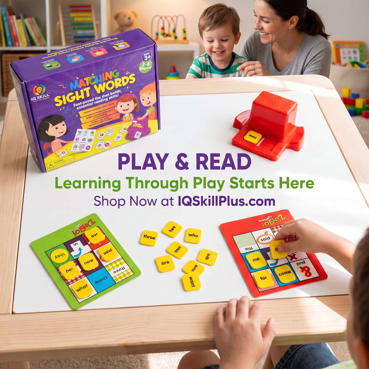 Sight words matching game for kids displayed on a table with children engaging in learning through play.