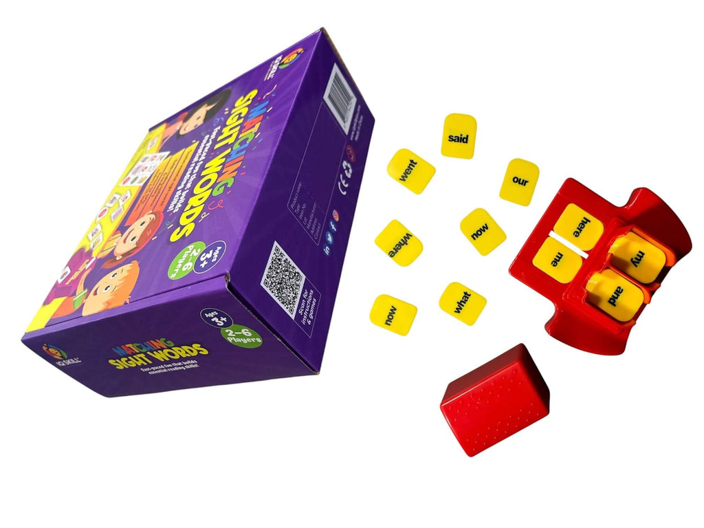 Sight Words Matching Game for Kids box and game pieces, promoting fun learning and sight word recognition.