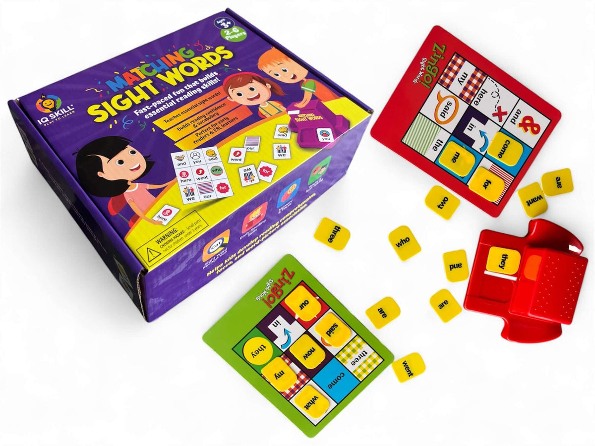 Sight words matching game for kids featuring colorful cards and interactive play components.