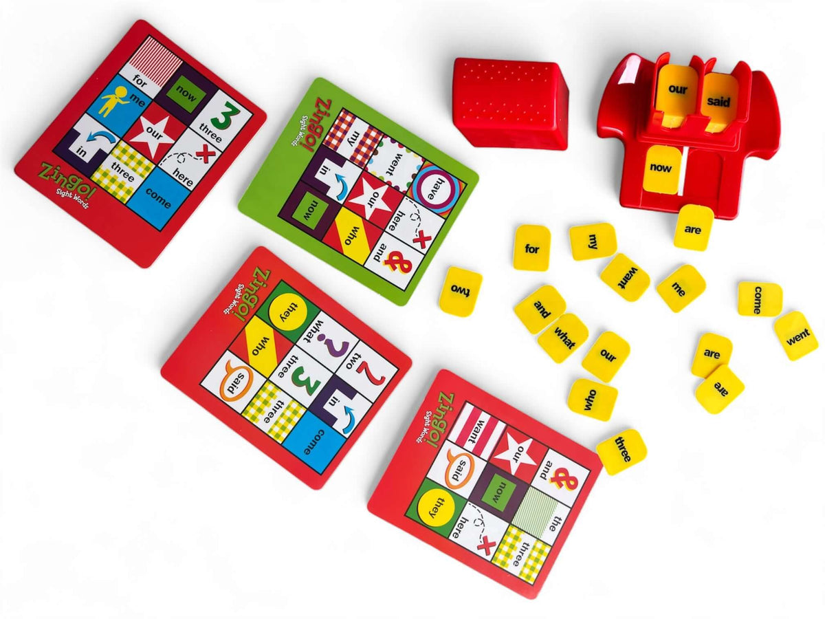 Sight words matching game for kids with colorful cards and letter cubes for interactive learning.