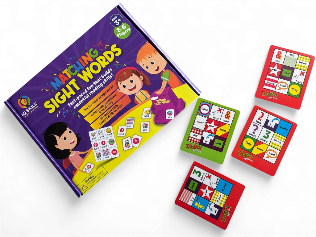 Sight words matching game for kids, including game cards and box for learning sight words.